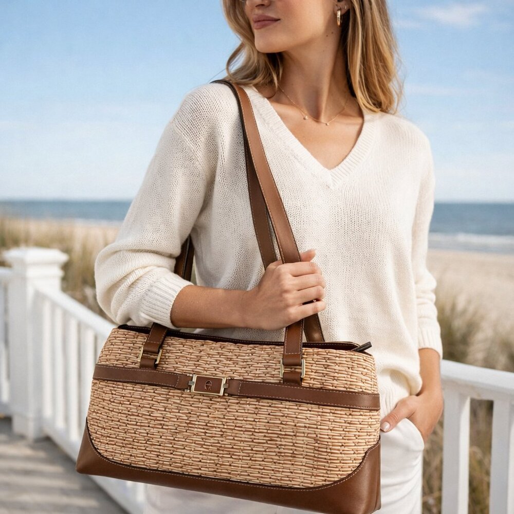 Etienne Aigner Vintage Woven Straw Shoulder Bag Summer Natural Boho
